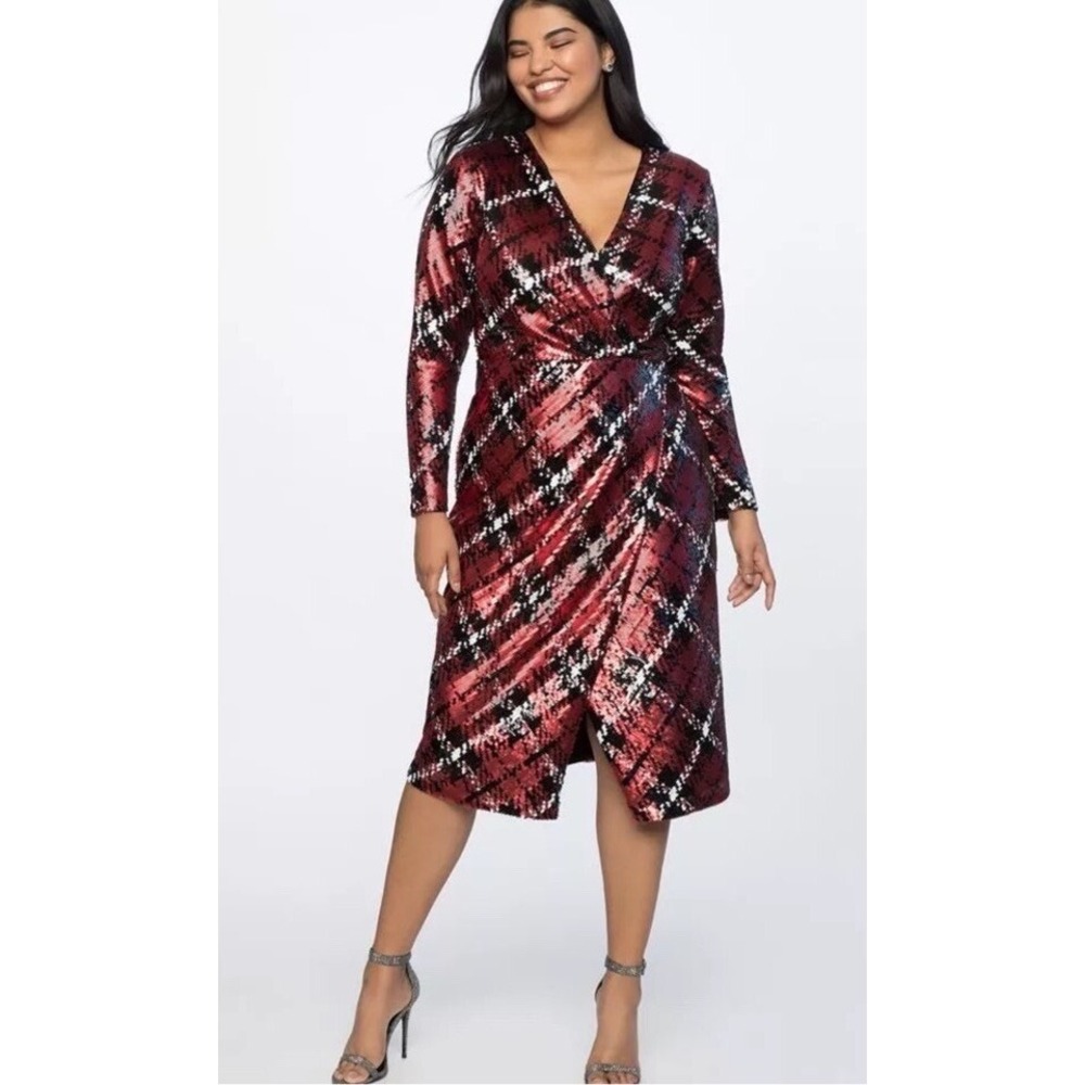 Eloquii Burgundy and Black Sequin Wrap Midi Dress